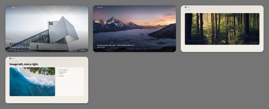 Four slides showing the same kind of image element treated differently by the layout around it: a full-bleed photograph with text over it, a dark slide with a bleeding background image, a photograph inset with rounded corners on a light card, and a half-page image beside a bulleted list.